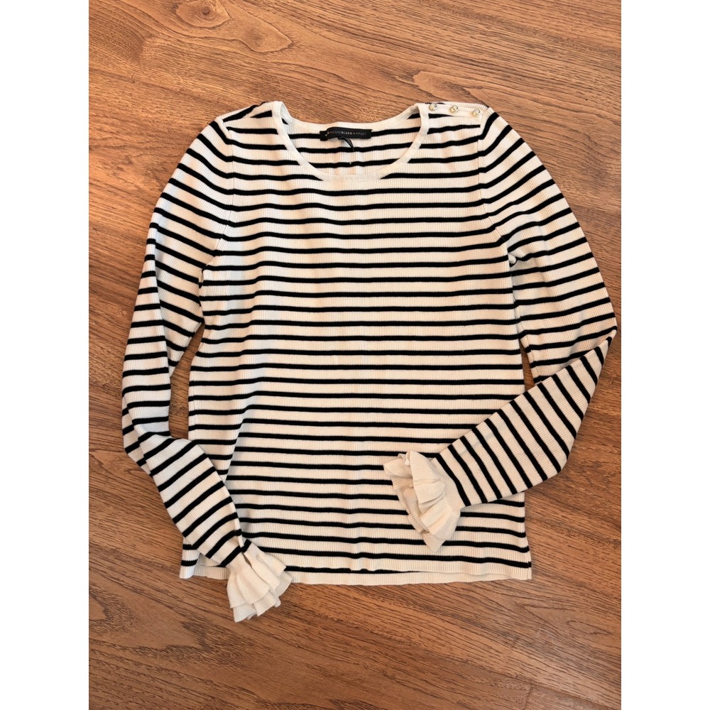 White House Black Market Striped Ribbed Knit Top Ruffle Cuff Gold Button Medium